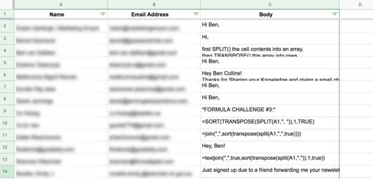 tạo một sheets Google với Name, Email Address và Message Body trong các cột A, B và C